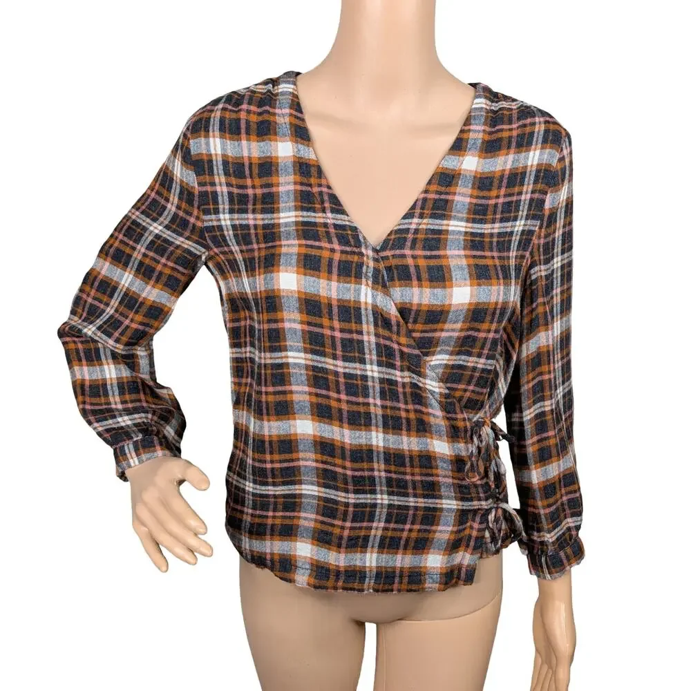 Madewell Plaid Crinkle Gauze Side Tie Wrap Puff Sleeve Top Brown Black XS
